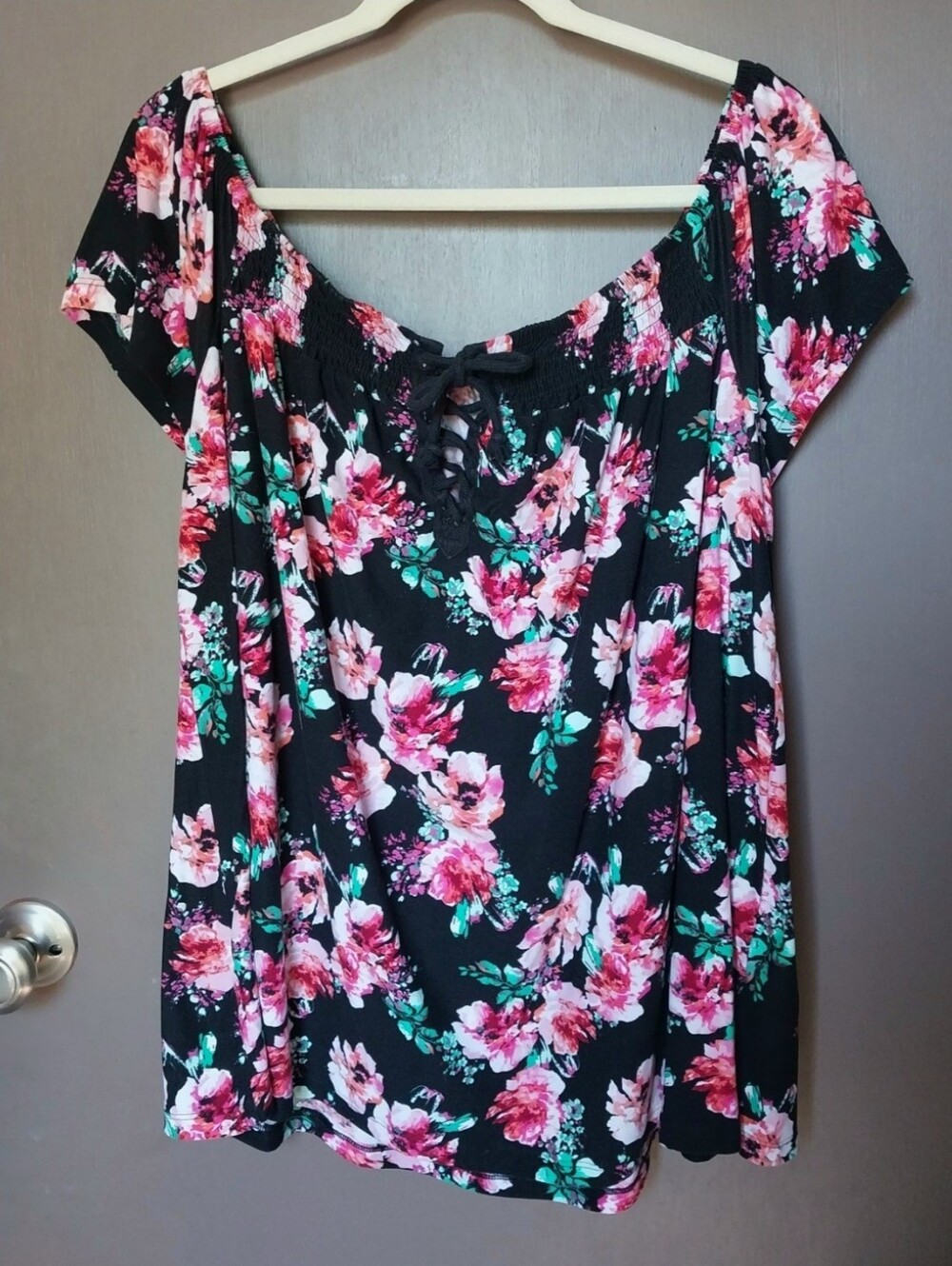 Black Off-Shoulder Floral Blouse with Lace-Up Neck